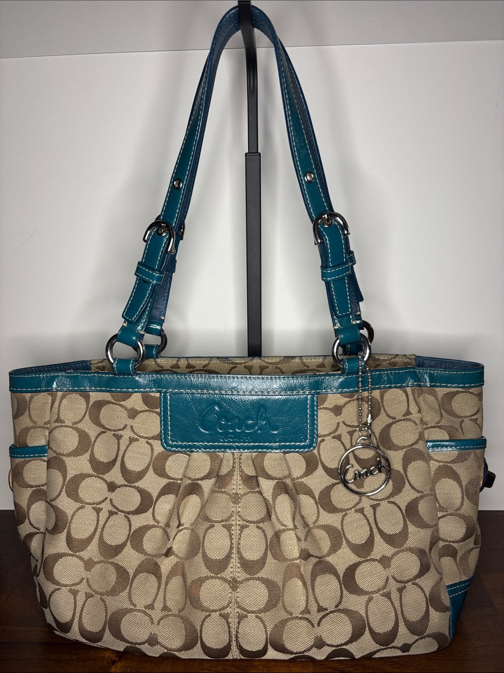 Coach Y2K F14281 Signature Pleated East West Gallery Teal Tote
